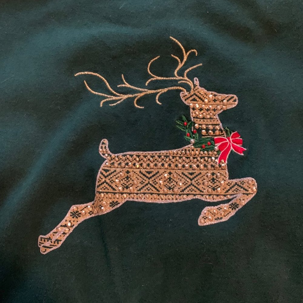 KAREN SCOTT Rhinestone Glitter Reindeer Long Sleeve Christmas Holiday Top, XL